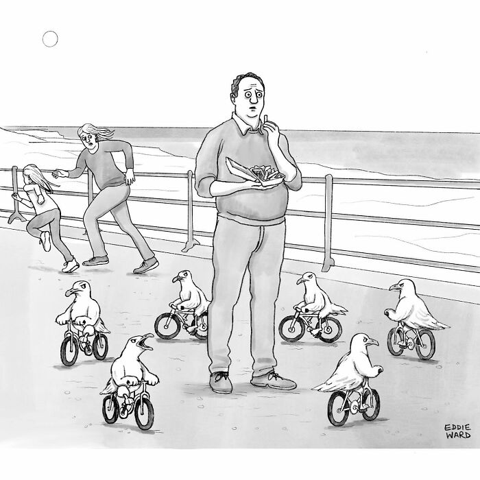 A man stands confused with chips on a beach path surrounded by seagulls riding small bicycles.