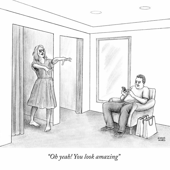 Zombie and man in a humorous single-panel comic by Eddie Ward, depicting a funny moment in a living room setting.