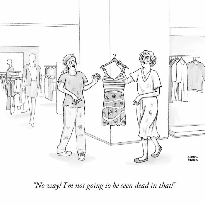 A humorous single-panel comic by Eddie Ward of two people in a store, reacting to a floral dress.