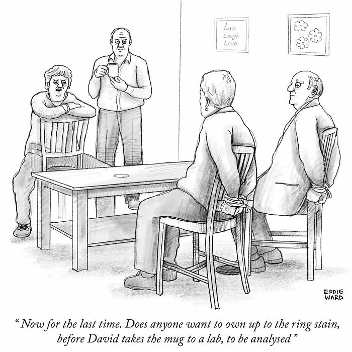 Single-panel comic by Eddie Ward featuring four men discussing a coffee mug ring stain in a humorous setting.