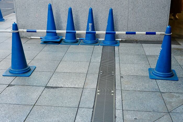 Perfectly timed photo by Edas Wong of blue cones aligning with pavement lines.