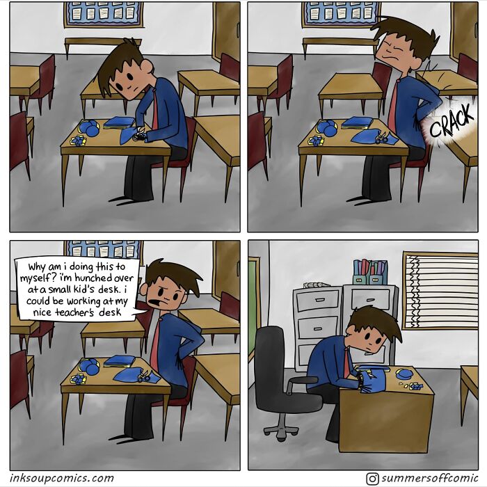 Comic strip humorously depicting school life with a teacher working at a small student desk then moving to a proper teacher’s desk.