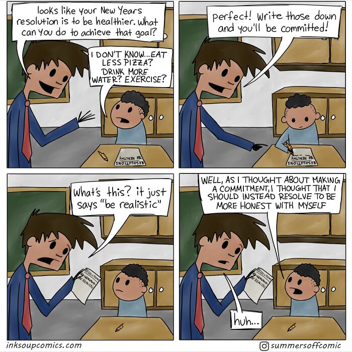Comic strip showing a teacher humorously capturing real-life school life with a student discussing New Year's resolutions.