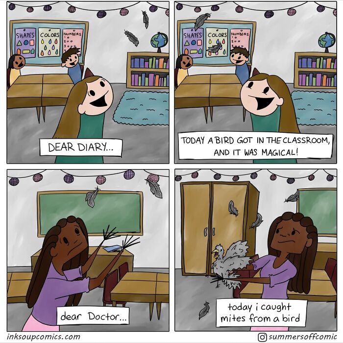 Comic panels humorously capturing school life with a teacher dealing with a classroom bird and its unexpected consequences.