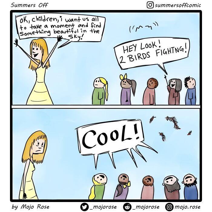 Comic of a real-life teacher humorously capturing school life as students excitedly watch birds fighting in the sky.