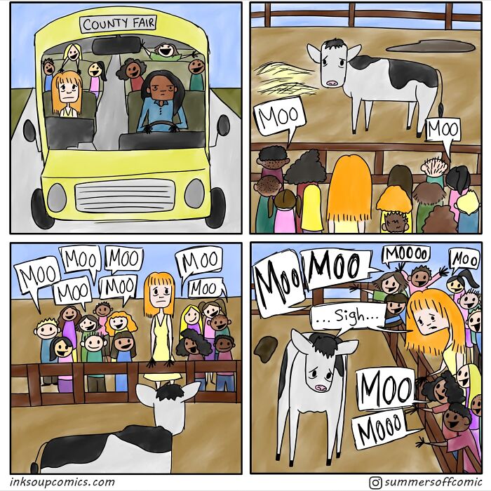 Comic strip by a real-life teacher humorously depicting school life with students and a cow at a county fair petting zoo.