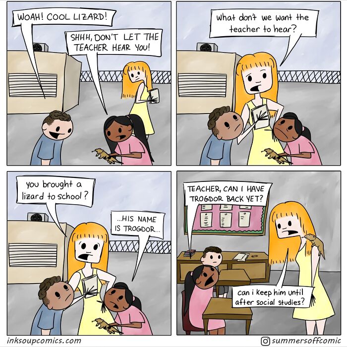 Comic panels showing school life humor with students sneaking a lizard in class while trying not to let the teacher hear.