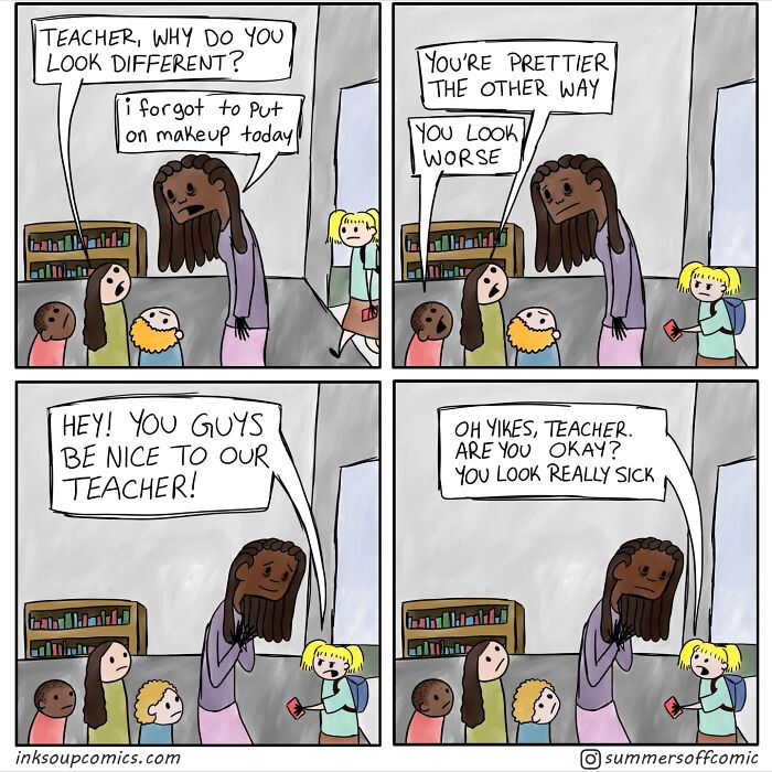 Comic strip showing a teacher humorously interacting with students, capturing school life with real-life teacher humor.