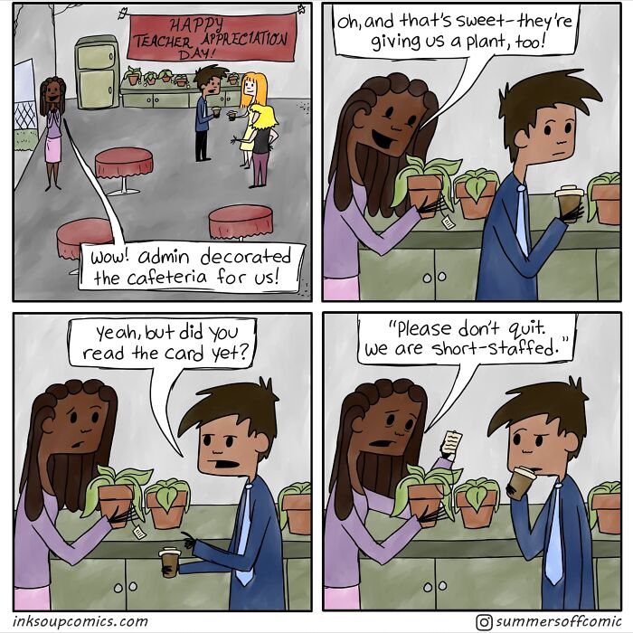 Comic panels showing teachers appreciating Teacher Appreciation Day with humor about short staffing and gifts in a school setting.