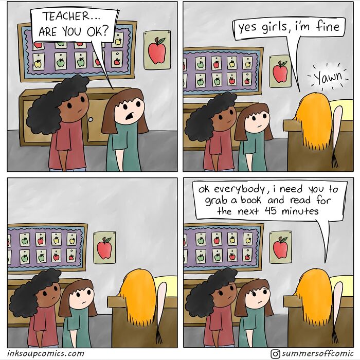 Comic showing a real-life teacher humorously depicting school life with tiredness and classroom reading instructions.