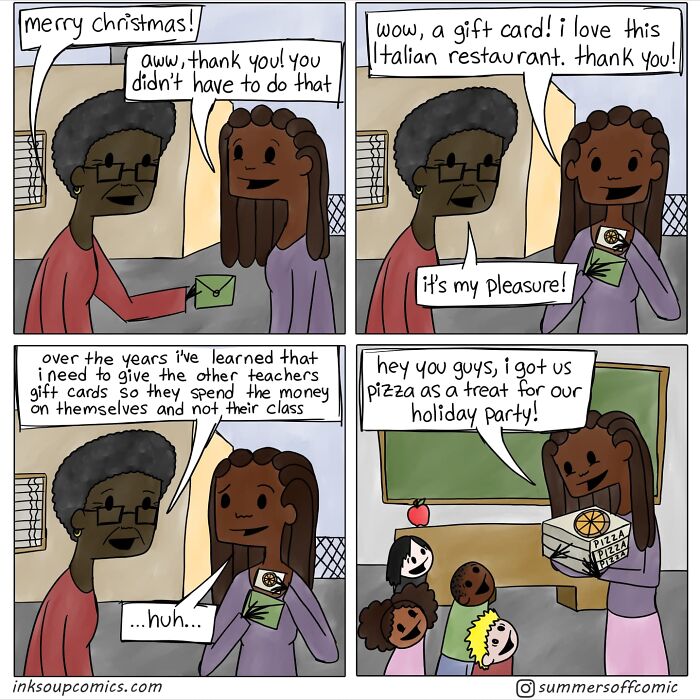 Comic strip by a real-life teacher humorously capturing school life with gift cards and pizza for a holiday party in four panels.
