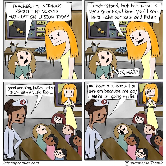 Teacher and students in a classroom, discussing a maturation lesson with a nurse. Kids reacting humorously.