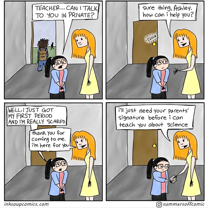 Comic of a real-life teacher comforting a student about her first period, using humor about needing a parent's signature.