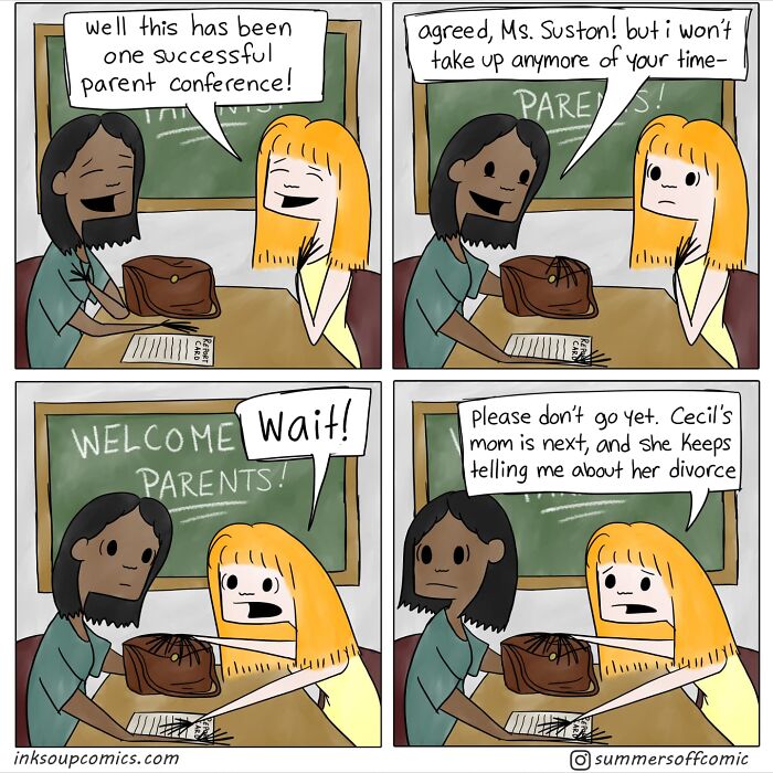 Comic strip humorously capturing real-life school life moments during a teacher's parent conference in four panels.