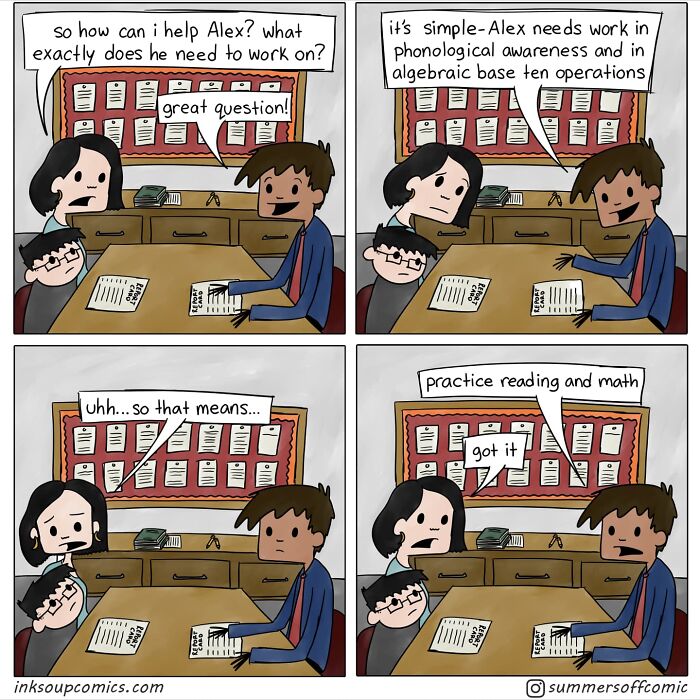 Comic showing real-life teacher humorously depicting school life with students discussing learning challenges and solutions.