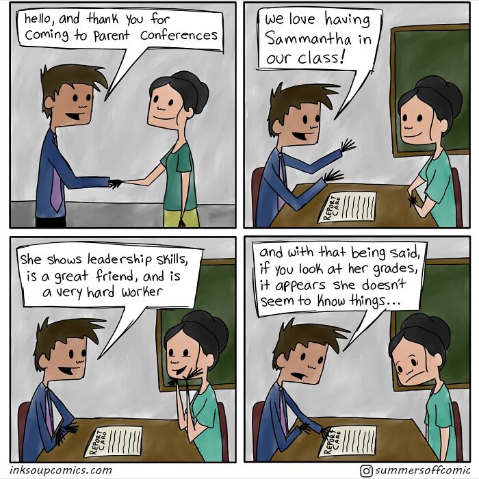 Comic strip showing a teacher humorously capturing school life during a parent-teacher conference about a student's report card.