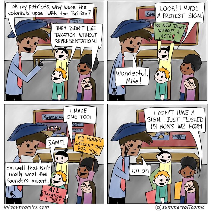 Teacher humorously captures school life with students discussing colonial taxation in a comic strip about classroom moments.