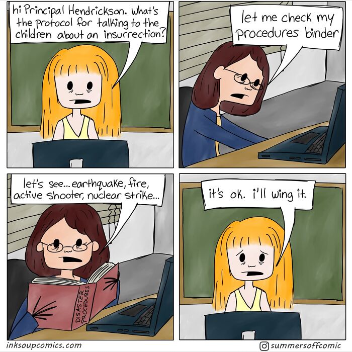 Teacher humor in the classroom as a cartoon shows a principal checking a procedures binder for an unexpected situation.
