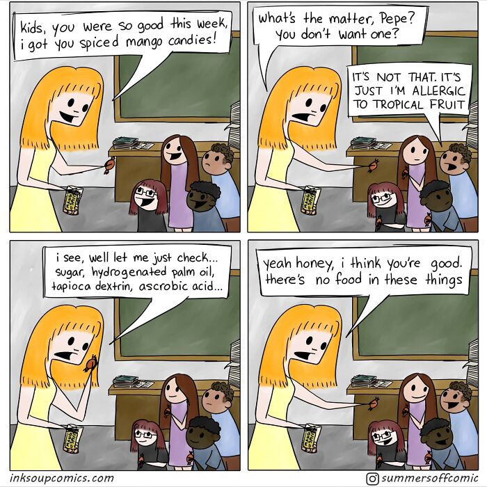Comic strip of a real-life teacher humorously capturing school life with kids in a classroom discussing candies and allergies.