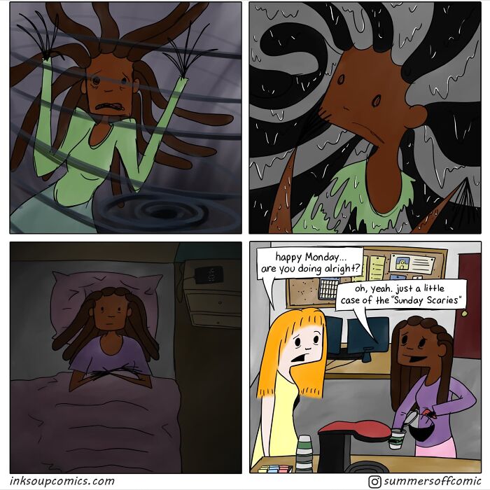 Comic panels showing a teacher humorously portraying school life stress with a character experiencing Sunday night anxiety.