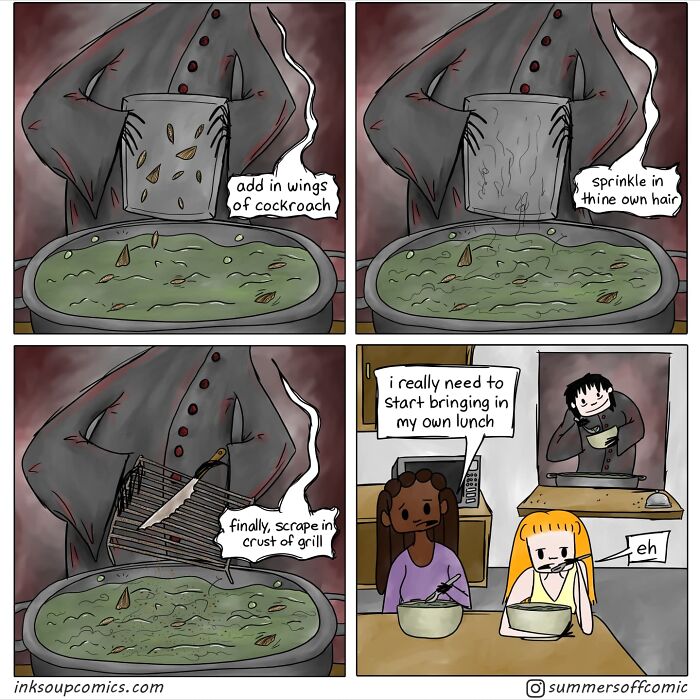 Comic panels humorously capturing school life as a teacher adds strange ingredients to a lunch stew with students reacting.