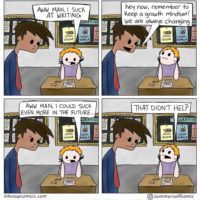 Cartoon of a teacher encouraging a student with a growth mindset, humorous classroom moment.