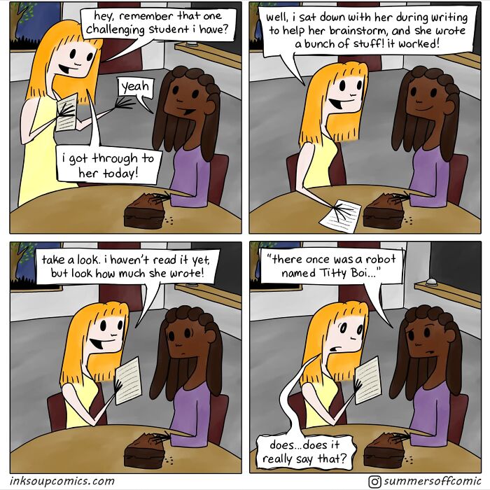 Cartoon of real-life teacher sharing a funny classroom moment with a colleague, revealing a student's unexpected story.