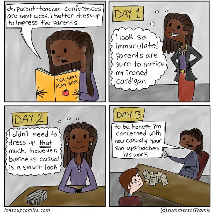 Comic strip by a real-life teacher humorously depicting parent-teacher conferences and school life in four colorful panels.