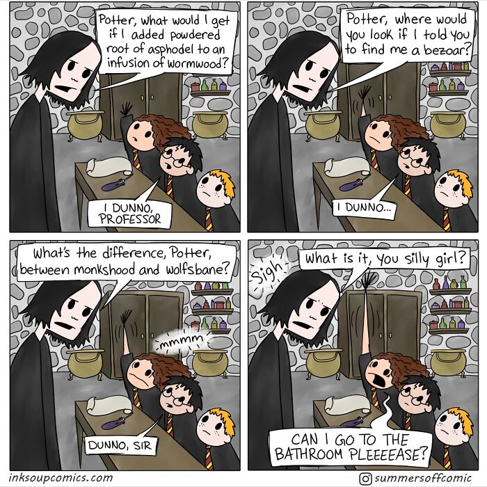 Comic strip humorously capturing school life with a teacher and students in a magical classroom setting.