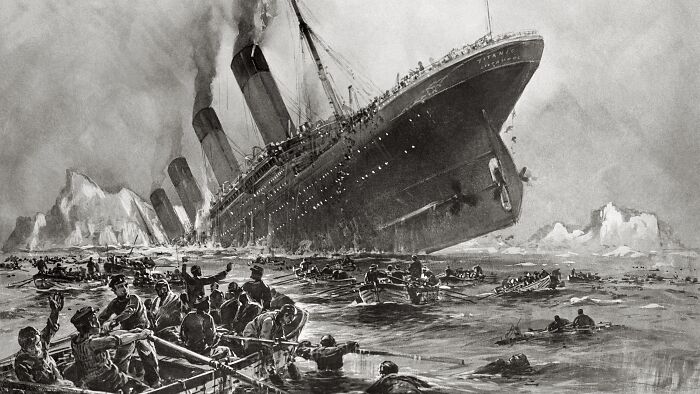 Historical illustration of the Titanic sinking with lifeboats and people struggling in the water, showing biggest mistakes in history.