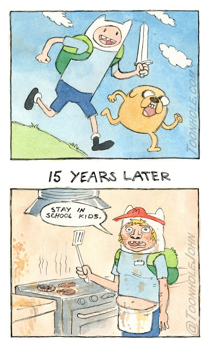 Comic by Toonhole John with a character aging 15 years, ending as a cook advising kids to stay in school.