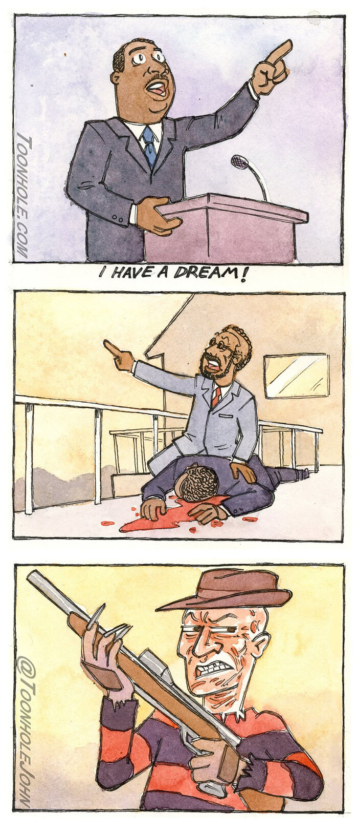 Comic with unexpected twists by Toonhole John, featuring a famous speech, violence, and a character holding a gun.