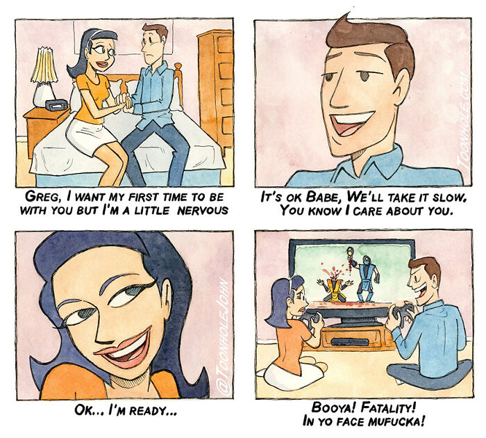 Couple discussing nerves before gaming, surprising twist in Toonhole John's comic.