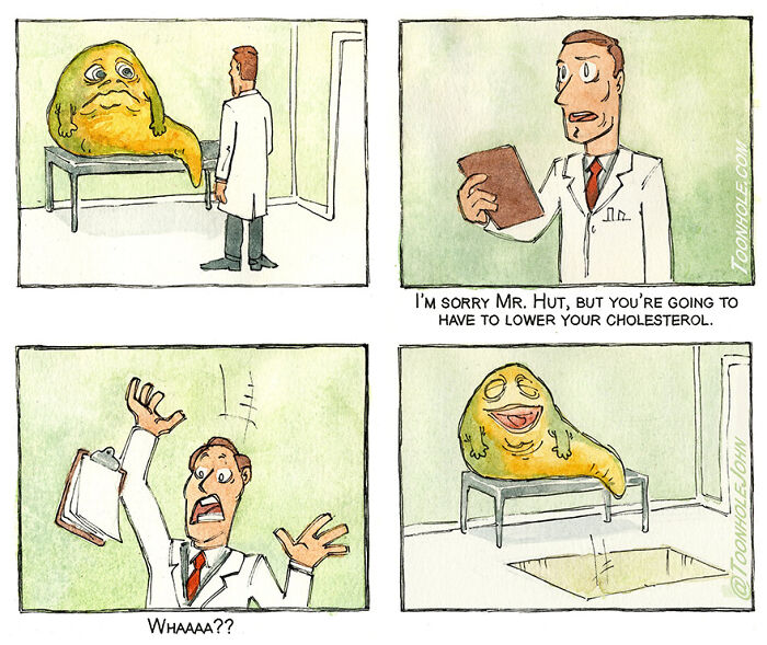 Doctor surprised by blob's cholesterol level in comic strip by Toonhole John, featuring dark twists.