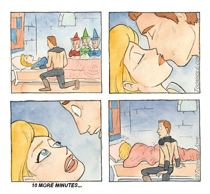 Prince leans in to kiss sleeping beauty under watchful eyes, revealing a comic twist by Toonhole John.