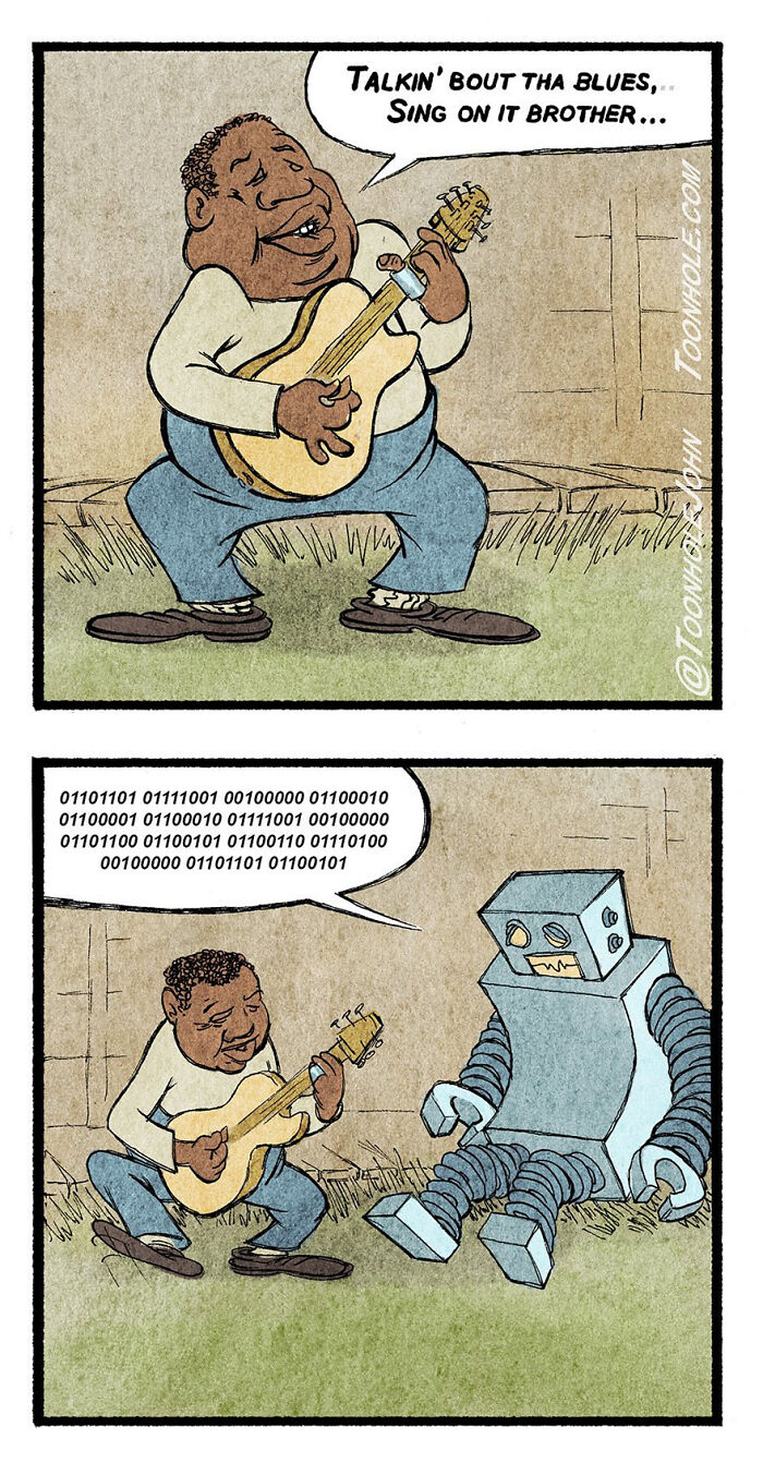 Man playing guitar to a robot speaking in binary, showcasing a dark comic twist by Toonhole John.