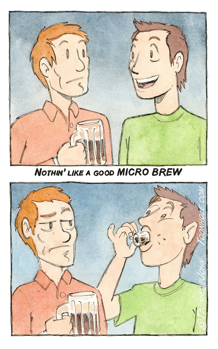 Two men with beers, one drinking from a small cup, illustrating dark and unexpected twists in Toonhole John's comic.