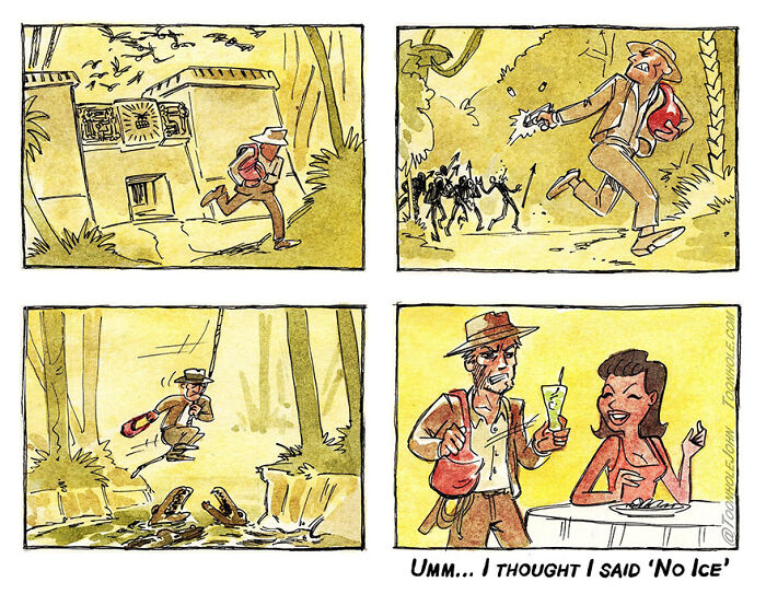 Explorer in jungle, escaping danger, sips drink with woman; dark, unexpected comic twist by Toonhole John.