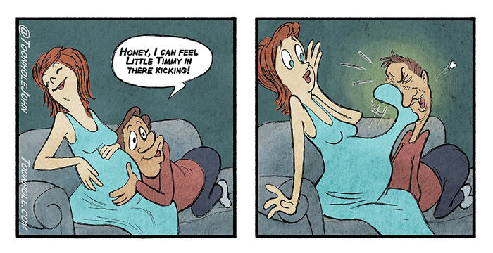Man feels baby kick, gets punched in face; dark and unexpected twist in comic by Toonhole John.