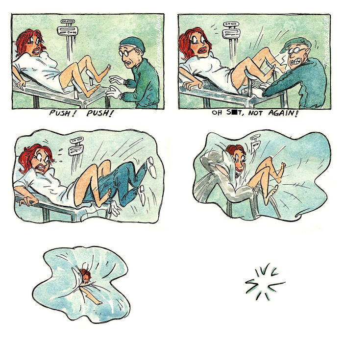 Comic of a surprised woman and doctor with unexpected twist, featuring unexpected events in a hospital delivery setting.