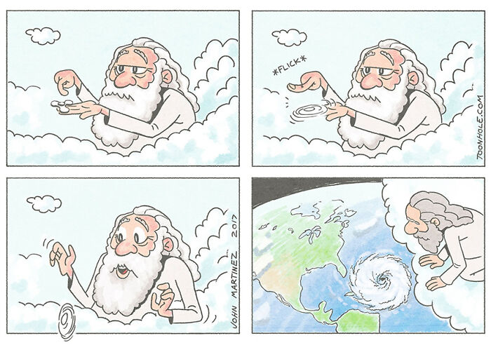 God flicking a coin down to Earth, creating a hurricane, illustrating dark and unexpected comic twists by Toonhole John.