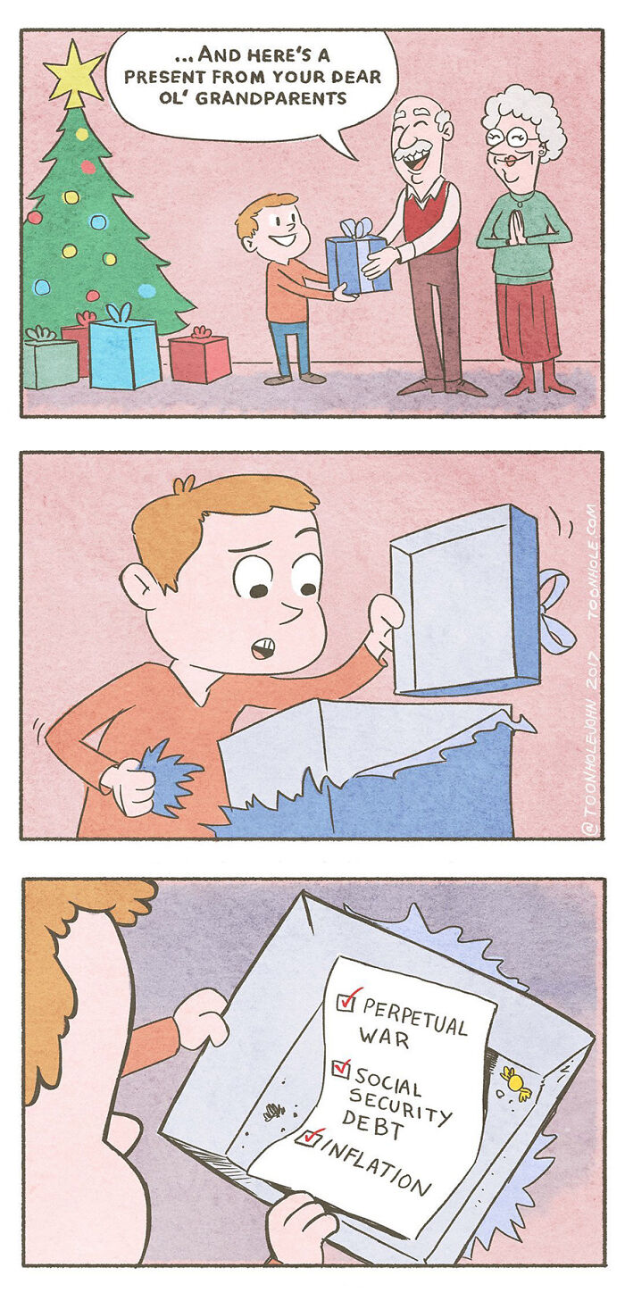 Boy opens gift from grandparents, revealing dark and unexpected twists like war, debt, and inflation on a list.