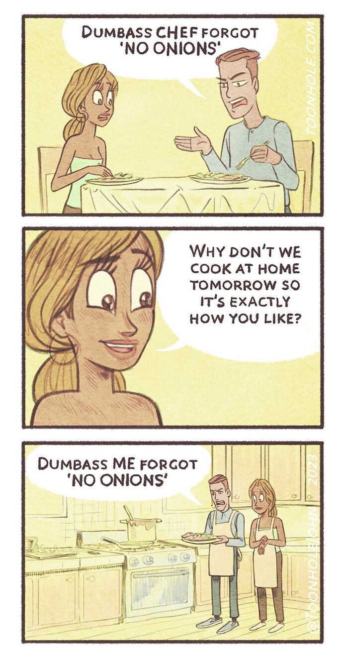 Comic strip by Toonhole John featuring a cooking mishap with forgotten onions.