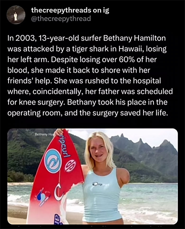 Surfer Bethany Hamilton in Hawaii after a tiger shark attack, featured in spooky facts about our world and survival stories.