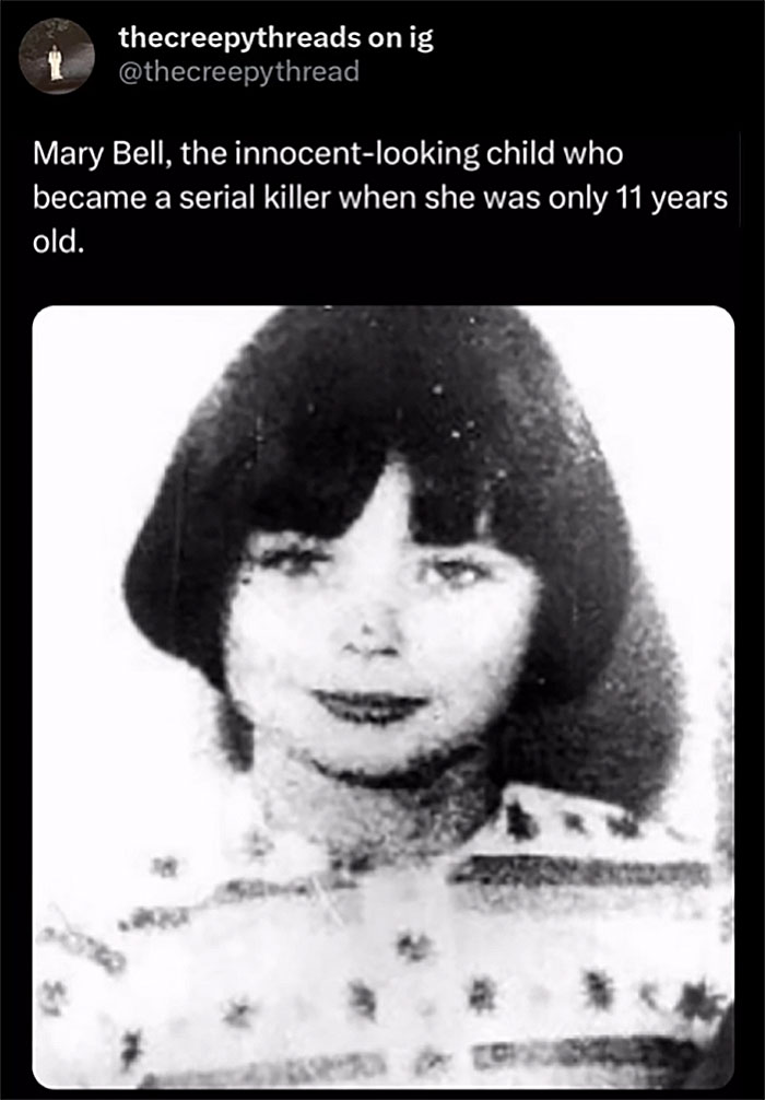 Black and white photo of Mary Bell, a child serial killer, shared in spooky facts about our world that might leave you disturbed