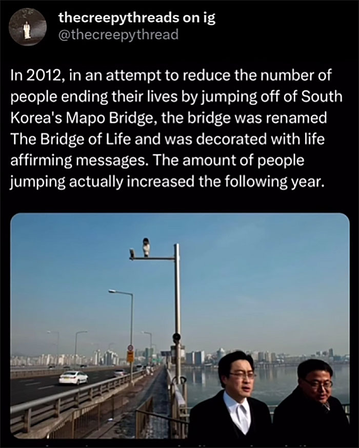 Text post about South Korea's Mapo Bridge renamed The Bridge of Life with two men standing near a bridge in the background, spooky facts.