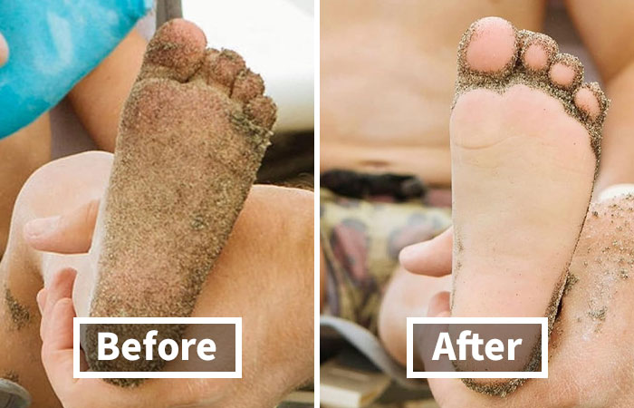 Sandy foot before and after cleaning, showcasing an item designed to make life less hard by removing sand.
