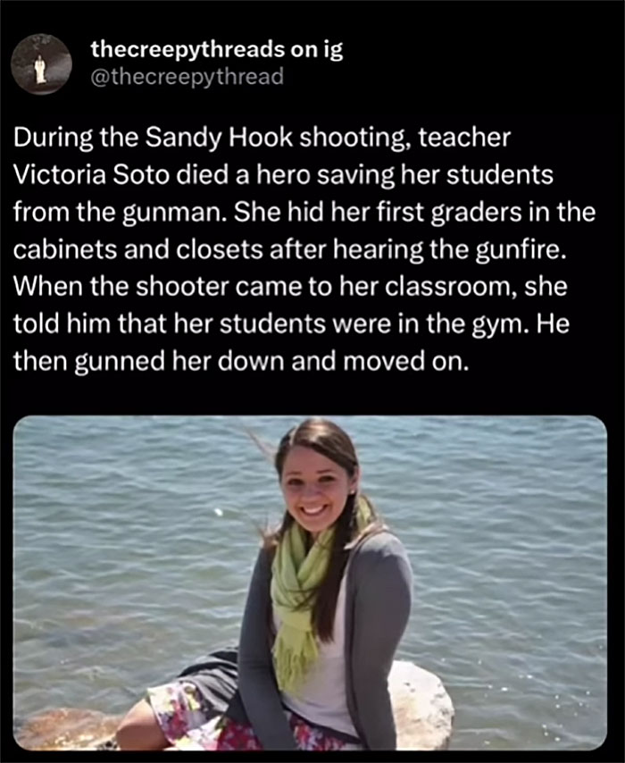 Image showing a text about a heroic teacher during Sandy Hook shooting paired with a smiling woman by a lake, related to spooky facts.