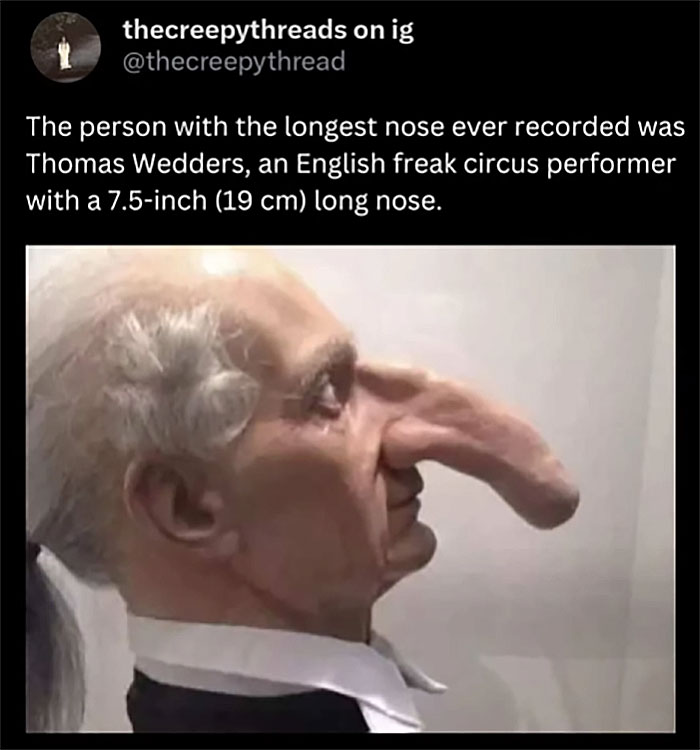Model of Thomas Wedders with the longest nose ever recorded, highlighting spooky facts about our world disturbing viewers.