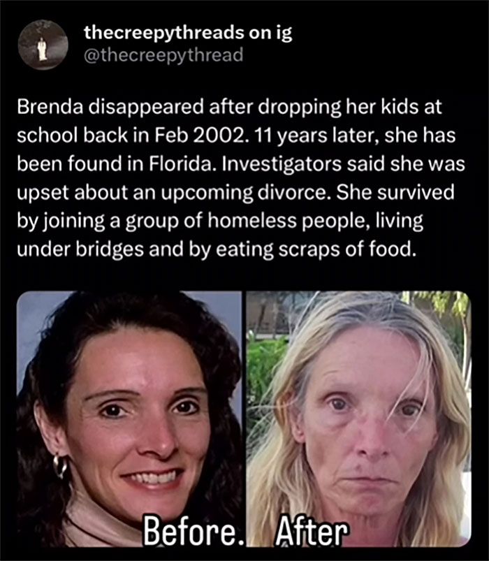 Before and after photos of a woman who survived 11 years homeless, illustrating spooky facts about our world disturbing experiences.